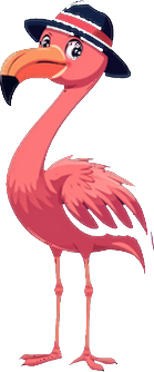 Sonny, the flamingo mascot in a bucket hat